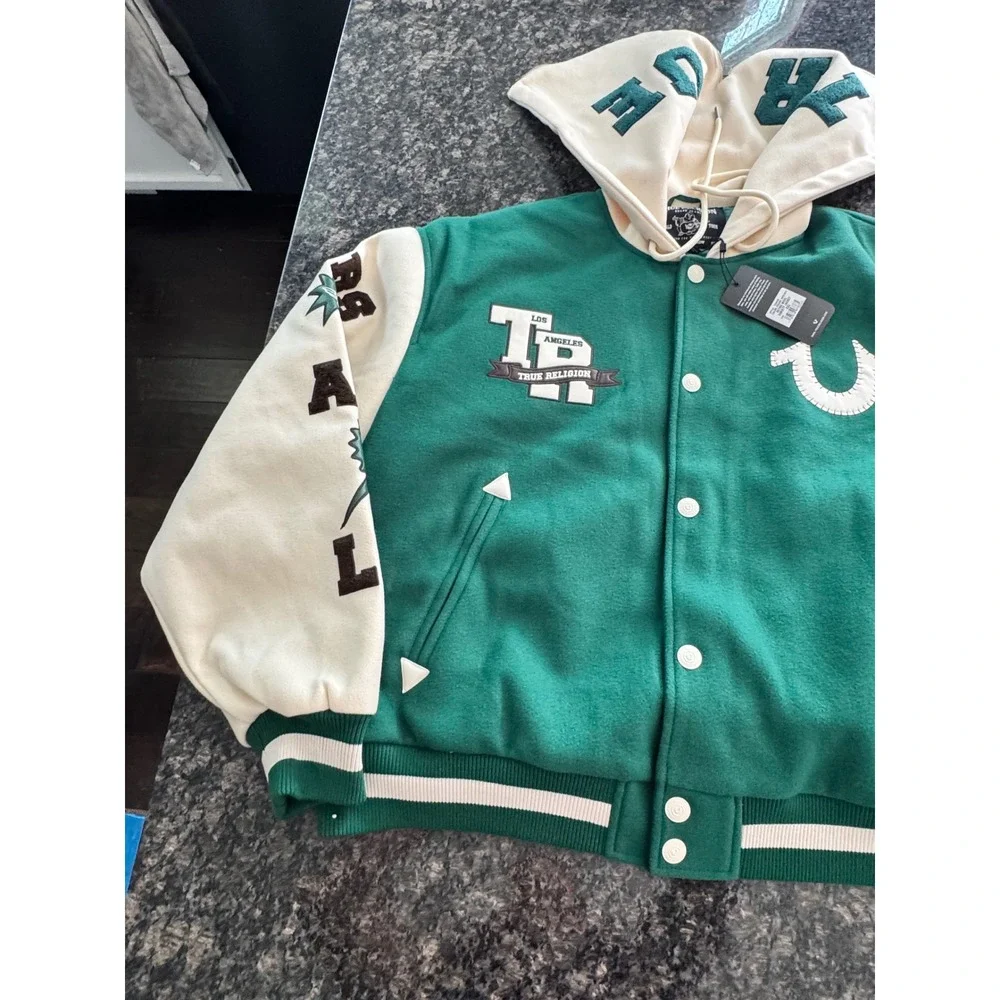 True Religion Retro Wool Varsity Jacket‎ Evergreen Winter White XXL 109636 NEW